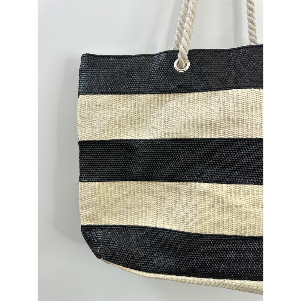 NEW Chico's Black Neutral Striped Woven Straw Beach Tote Bag Rope Handles Resort - Picture 9 of 11